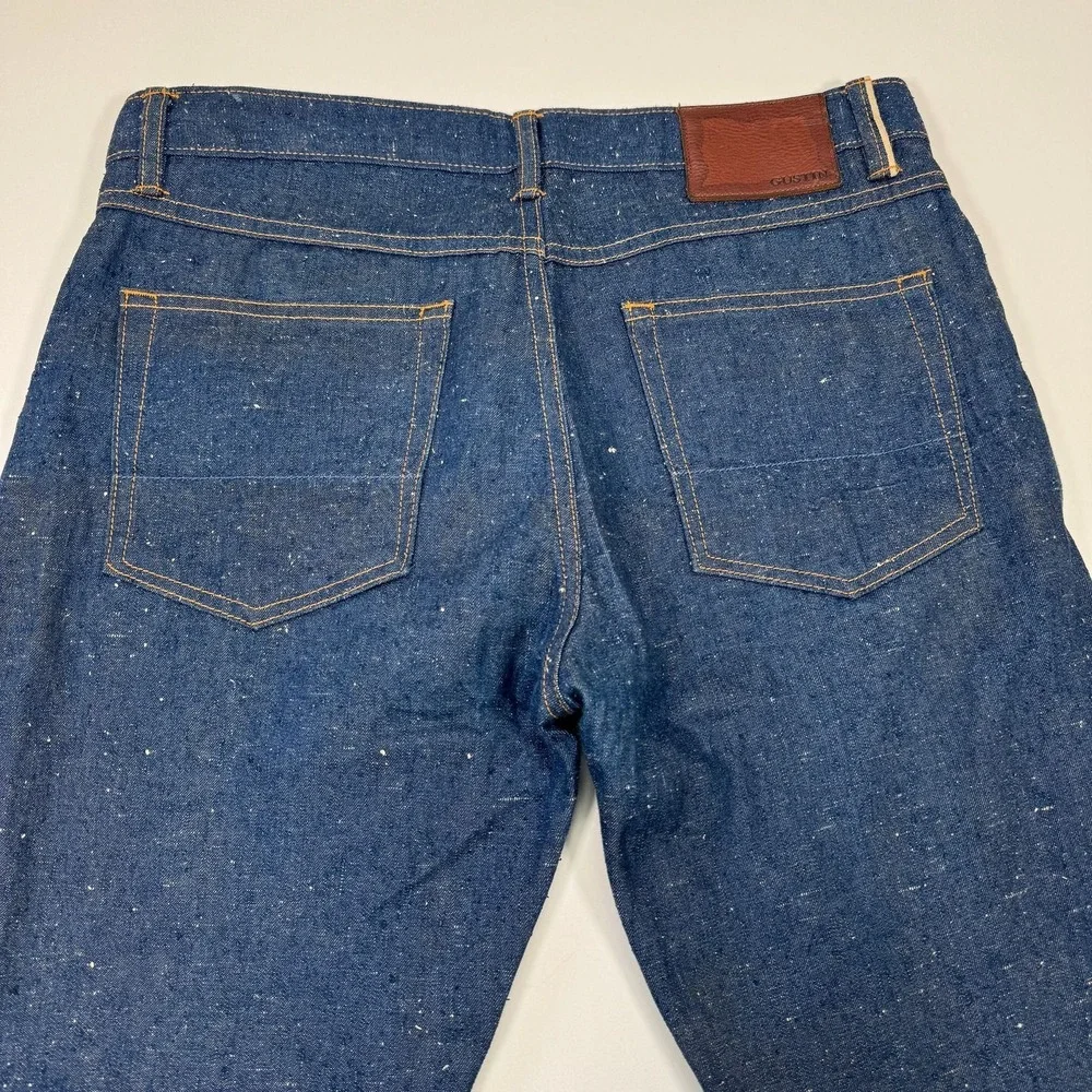Gustin Slim Fit Mens 33x30 Blue Dark Wash Nep Denim Raw Button Fly Jeans